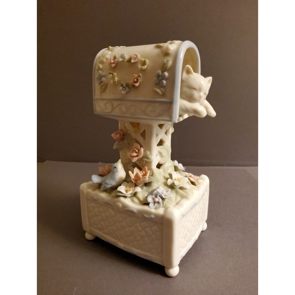 Porcelain Cat in Mailbox wFlowers and Bird Music Box. Plays Memories from "CATS"